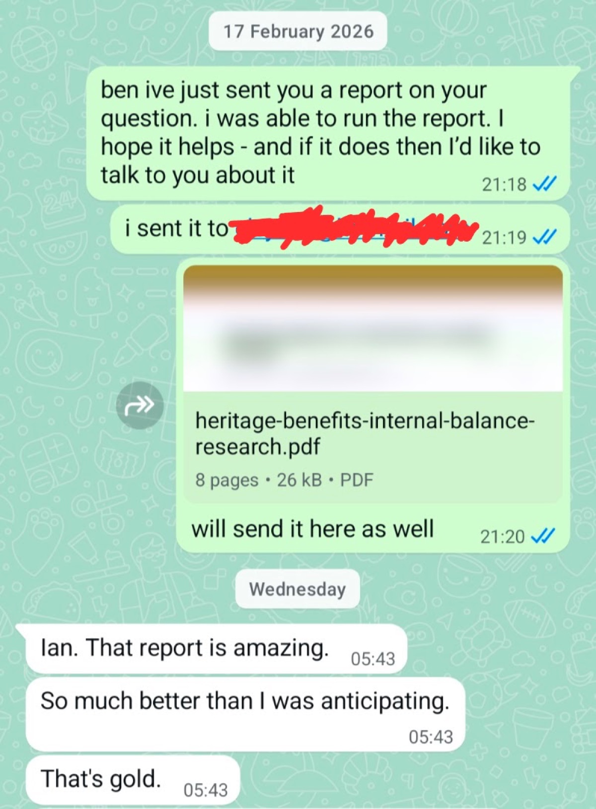 WhatsApp message from a conservation officer at 5:43 AM — 'Ian. That report is amazing.'